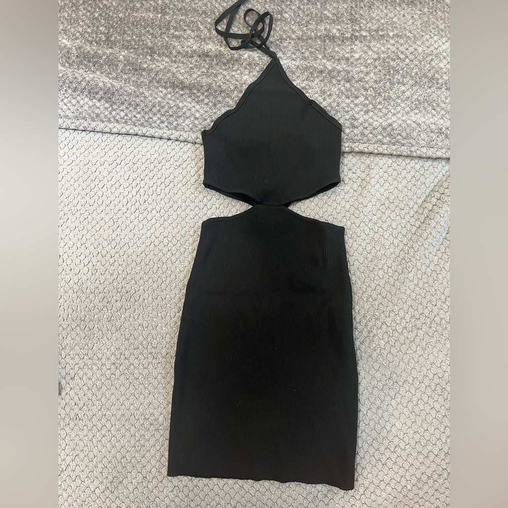 Black halter cut out mini dress
